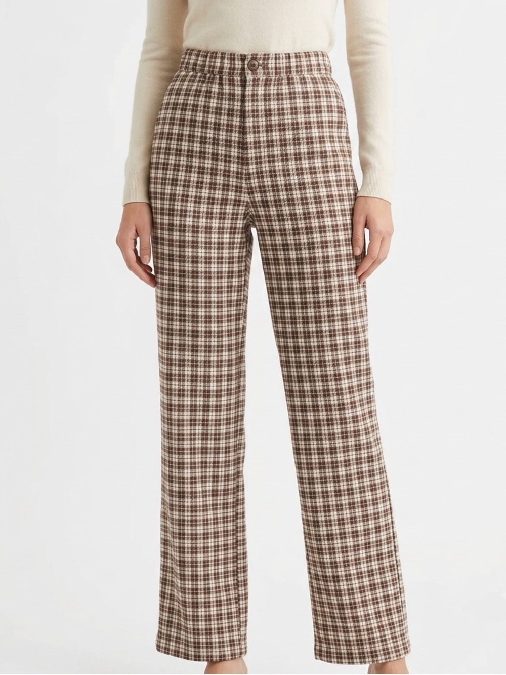 Women’s Brandy Melville Brown White Plaid High Rise Straight Leg Pants Size XS/S